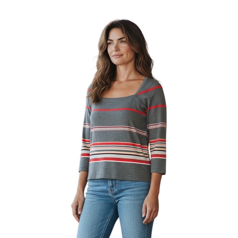 St. John Sport Grey Striped Square Neck 3/4 Sleeve Knit Top XL Raglan Red Stripe